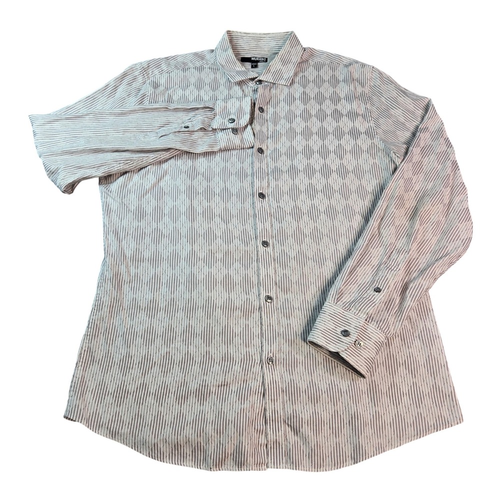 Murano Slim Fit Button Down Shirt Mens Sz Large Grey White Diamond Stripe Cotton